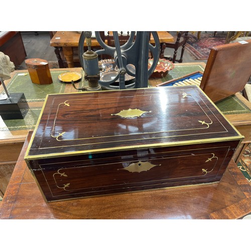 6161 - A 19th Century rosewood writing box inset with brass, a/f, 18cm x 50.5cm x 27.5cm  (R)  £70