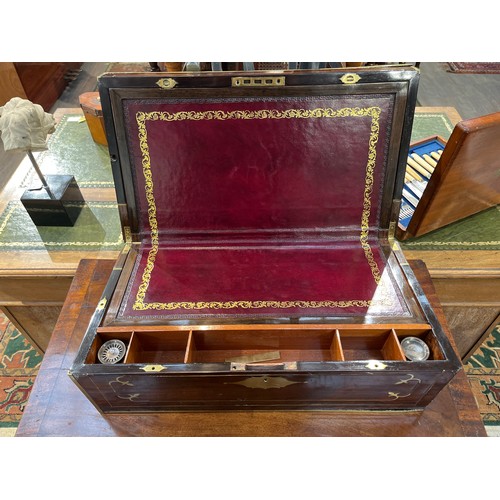 6161 - A 19th Century rosewood writing box inset with brass, a/f, 18cm x 50.5cm x 27.5cm  (R)  £70