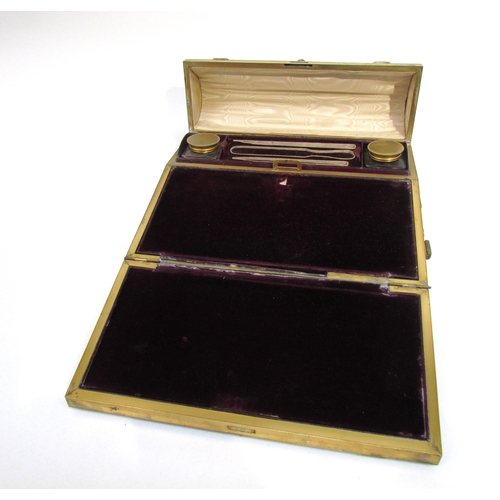 6035 - A Victorian brass writing box set with tiger's eye cabochons, some restoration needed, 13.5cm x 30cm... 