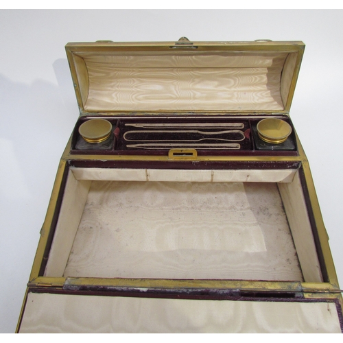 6035 - A Victorian brass writing box set with tiger's eye cabochons, some restoration needed, 13.5cm x 30cm... 