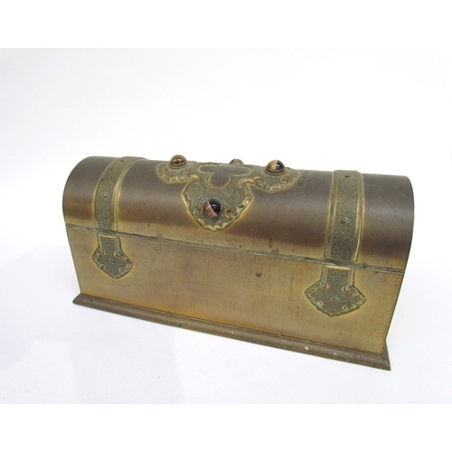 6035 - A Victorian brass writing box set with tiger's eye cabochons, some restoration needed, 13.5cm x 30cm... 