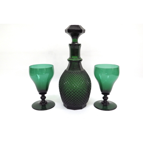 6065 - WITHDRAWN: A late 19th Century green facet decanter and six green glasses of large proportions, 15.5... 