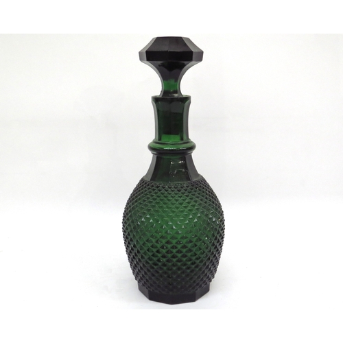 6065 - WITHDRAWN: A late 19th Century green facet decanter and six green glasses of large proportions, 15.5... 