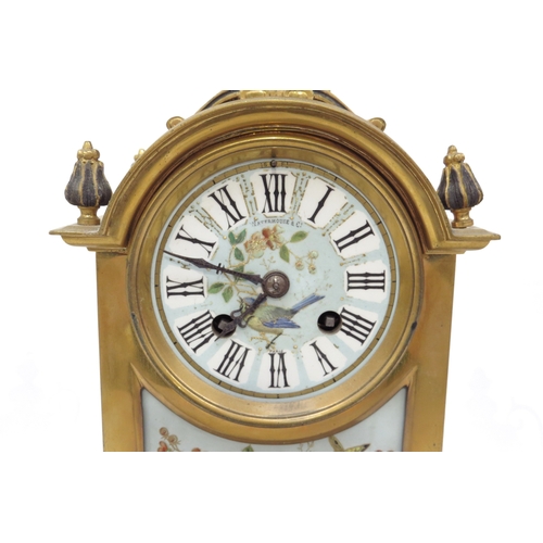 6076 - A Waterhouse & Co brass and enamel French clock garniture with bird detail, back open, 37cm x 18cm