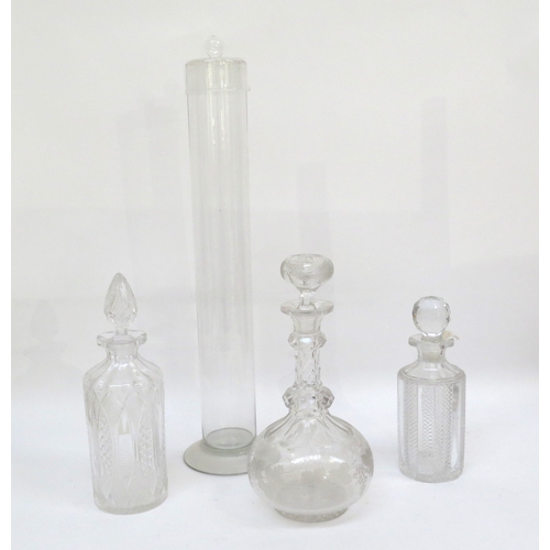 6110 - Three 19th Century decanters and a chemist lidded cylindrial vessel (4) chips present