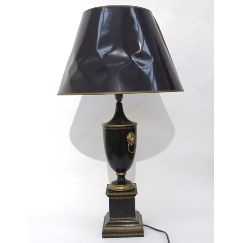 6151 - A painted metal regency style base form lamp with shade, 82cm tall