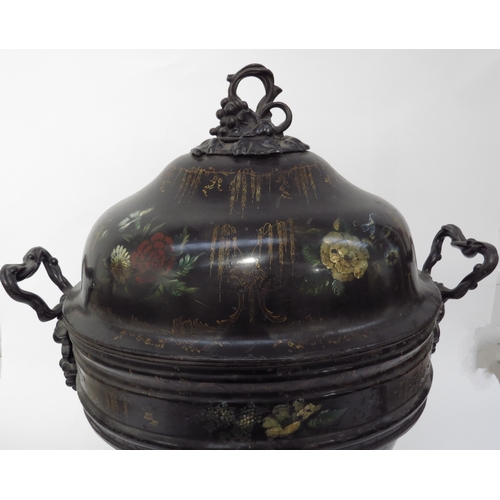 6152 - A Regency tableware lidded cellarette/wine holder with grape and vine handles handpainted grape deco... 