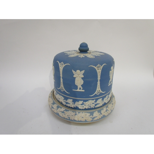 6200 - Most likely wedgwood but unmarked, early 20th century blue jasperware cheese dome, decorated with oa... 