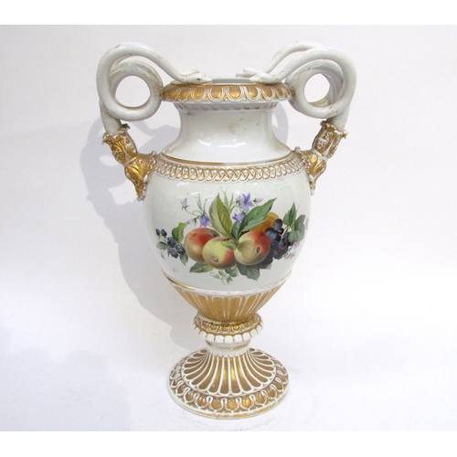 6201 - An early to mid 20th century porcelain urn, the twin serpent handles with gilt embellishment, floral... 