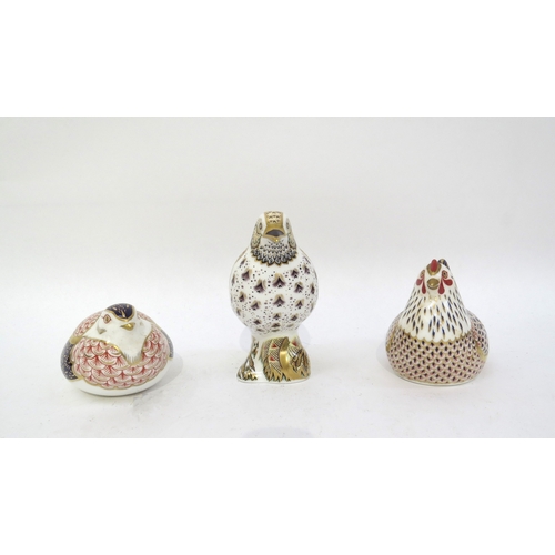 6254 - Three Royal Crown Derby paperweights, Song Thrush, Quail gold stoppers and Hen, silver stopper (3)