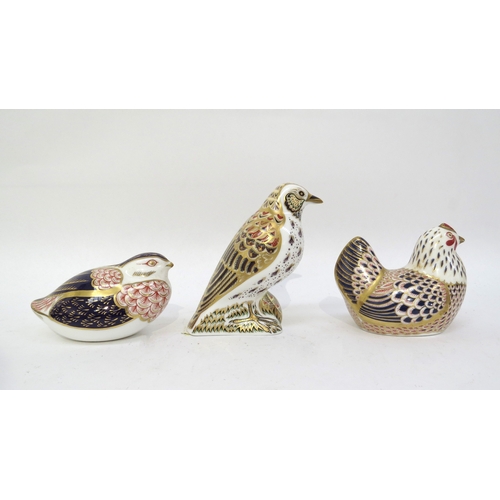 6254 - Three Royal Crown Derby paperweights, Song Thrush, Quail gold stoppers and Hen, silver stopper (3)