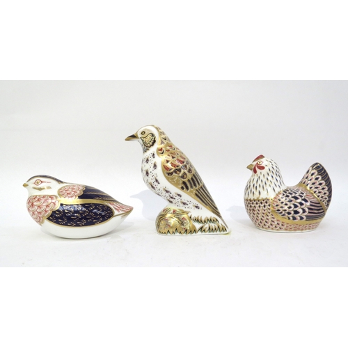 6254 - Three Royal Crown Derby paperweights, Song Thrush, Quail gold stoppers and Hen, silver stopper (3)