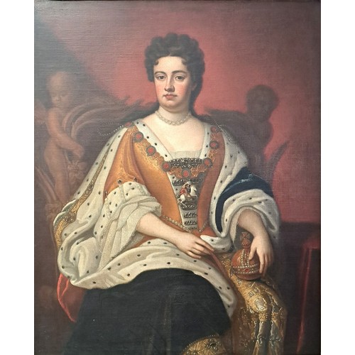 6247 - In the manner of Godfrey Kneller (1646-1723). A portrait of Queen Anne wearing a pearl necklace in r... 