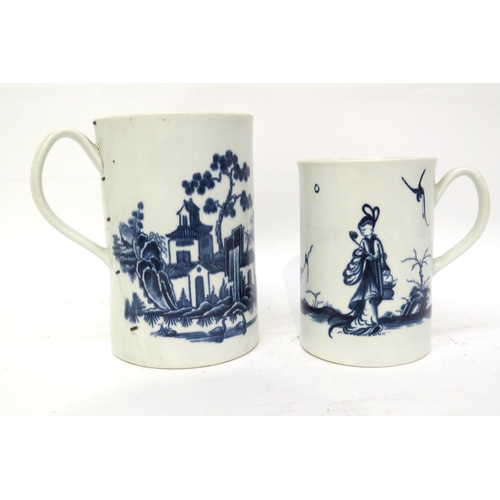 6261 - Two Worcester crescent moon tankards; 'Walk in the Garden' pattern circa 1760, 'Pagoda' pattern with... 