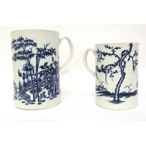 6261 - Two Worcester crescent moon tankards; 'Walk in the Garden' pattern circa 1760, 'Pagoda' pattern with... 