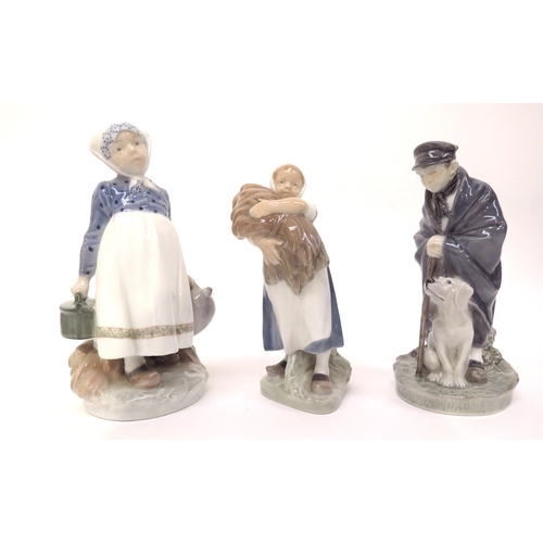 6272 - Three Royal Copenhagen figures gentleman with dog, girl with bushel of hay and lady with flagon and ... 