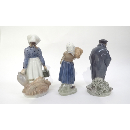 6272 - Three Royal Copenhagen figures gentleman with dog, girl with bushel of hay and lady with flagon and ... 