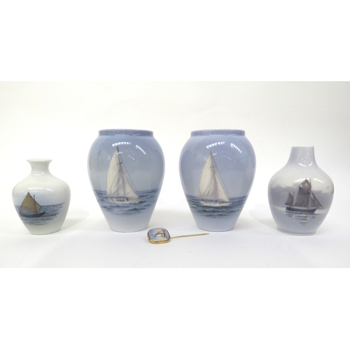 6282 - Four Royal Copenhagen small vases and a ceramic panelled pin all with maritime scenes, largest 11.5c... 