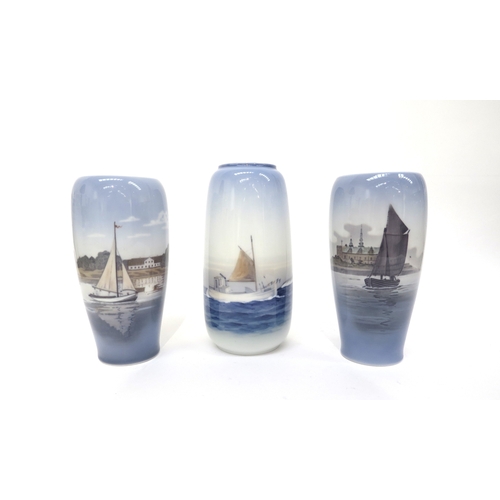 6286 - Two Royal Copenhagen maritime scene vases and a Lynghy Denmark maritime vase, 18.5cm tall & 17cm tal... 