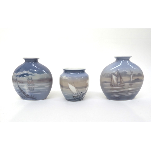 6291 - Three Dahl Jensen Denmark, maritime scene vases, 11cm and 8cm tall