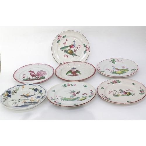 6298 - Seven 19th Century French Faience plates decorated with Birds and oriental figures, chips and hairli... 