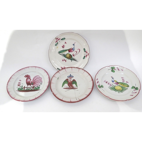 6298 - Seven 19th Century French Faience plates decorated with Birds and oriental figures, chips and hairli... 