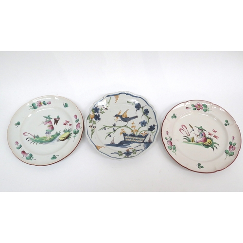 6298 - Seven 19th Century French Faience plates decorated with Birds and oriental figures, chips and hairli... 