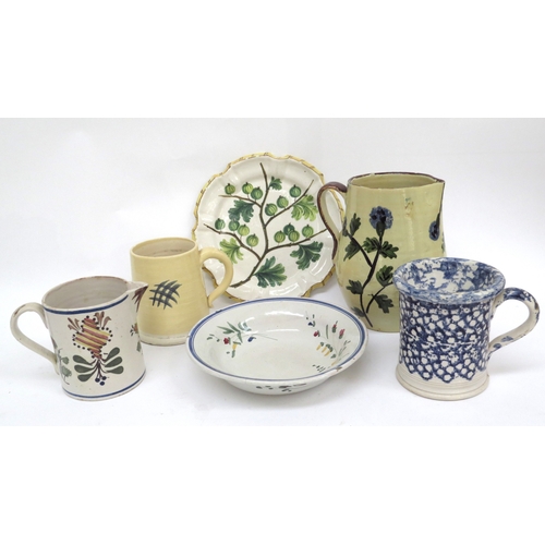 6305 - Mixed French Faience ceramics including jugs, mugs, dishes, plates and dolphin dish, some items with... 