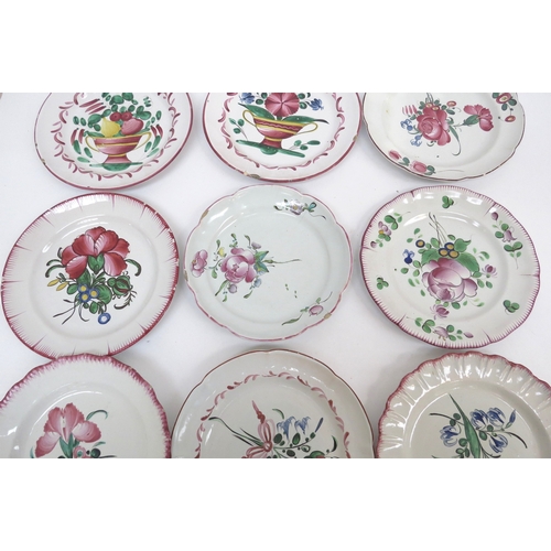 6307 - Nine 19th Century French Faience plates decorated with flowers and vases, two staple repaired approx... 