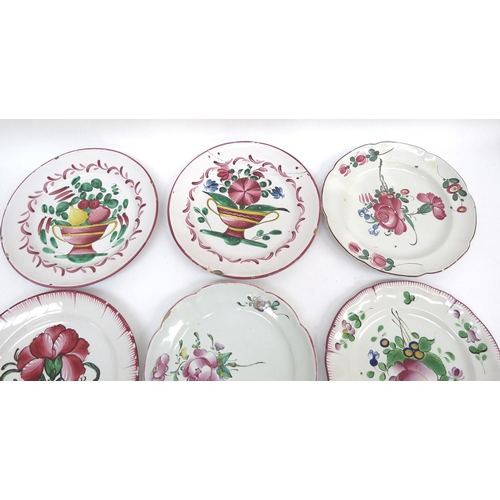 6307 - Nine 19th Century French Faience plates decorated with flowers and vases, two staple repaired approx... 