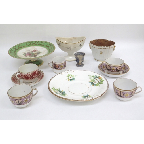 6319 - Mixed 19th Century ceramics including staple repaired Derby pot, teacups and saucers, Spode egg cup,... 