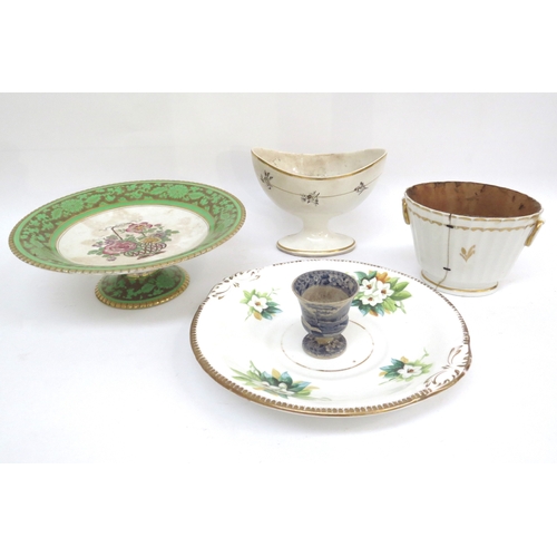 6319 - Mixed 19th Century ceramics including staple repaired Derby pot, teacups and saucers, Spode egg cup,... 