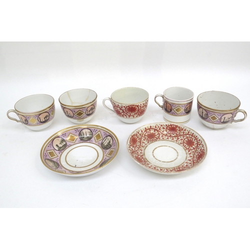 6319 - Mixed 19th Century ceramics including staple repaired Derby pot, teacups and saucers, Spode egg cup,... 