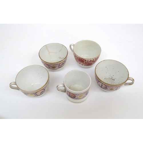 6319 - Mixed 19th Century ceramics including staple repaired Derby pot, teacups and saucers, Spode egg cup,... 