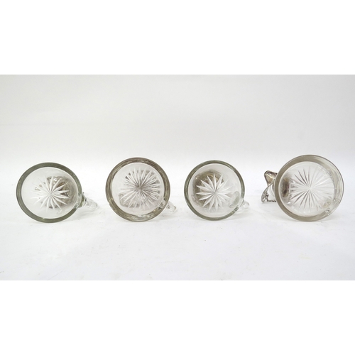 6322 - Four glass whisky noggins with silver tops (Levi & Salaman, Birmingham, 1921) with cut-out silver wh... 