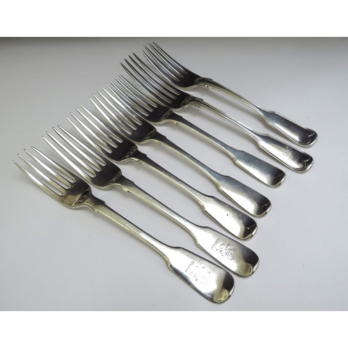 6379 - Seven silver forks, various makers and dates, 324g