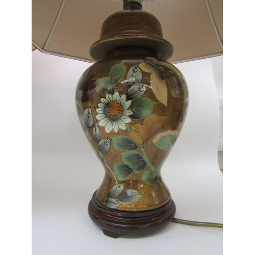 6203 - WITHDRAWN A pair of decorative lustre ceramic table lamps with butterfly detail, 64cm tall with shad... 