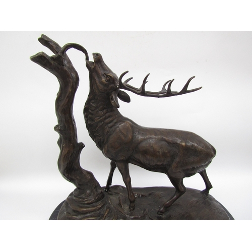 6206 - A hollow cast bronze of a stag by a tree, on marble base. Unsigned, 41cm x 40cm  (E)  £150-250