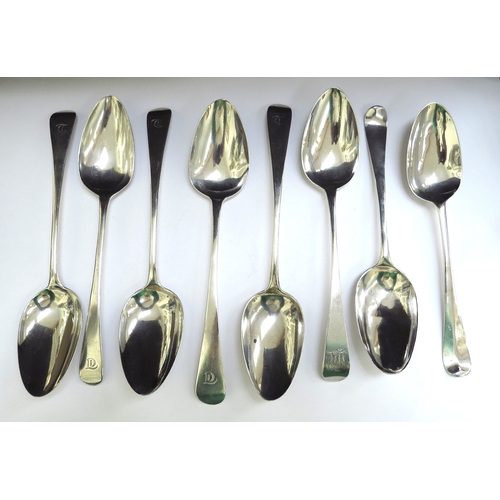 6377 - Eight silver tablespoons including mostly Georgian examples, 413g