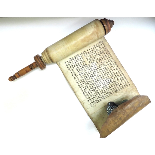 6415 - A late 18th/ early 19thc Book of Esther scroll in Hebrew on vellum with turned boxwood handle, remna... 