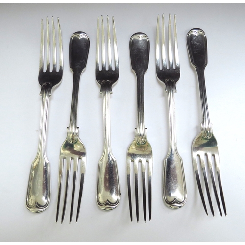 6422 - A set of six Elizabeth and John Eaton silver forks, with a bull and crown crest, London 1860, 355g