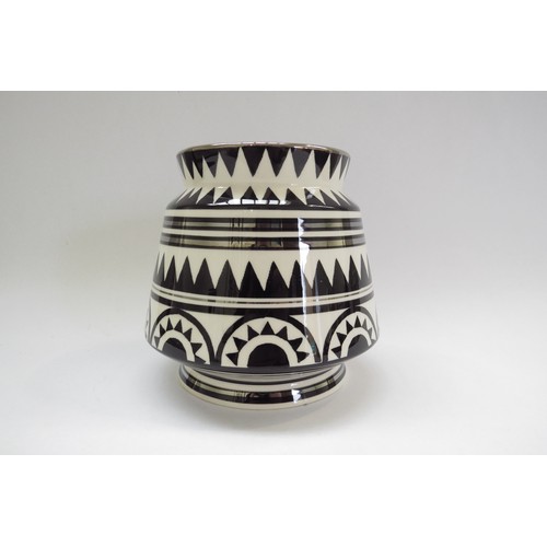 9081 - A Morland Pottery of Chelsea trial vase of Deco style in black and white with silvered line and sun ... 