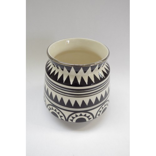 9081 - A Morland Pottery of Chelsea trial vase of Deco style in black and white with silvered line and sun ... 