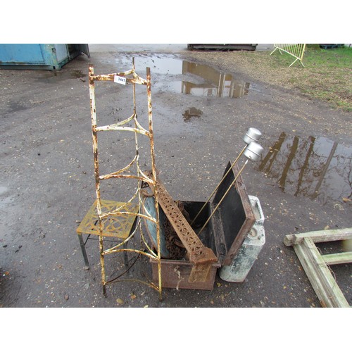 3447 - A six tier pot stand, fuel can, tin chest and a metal pot stand, etc