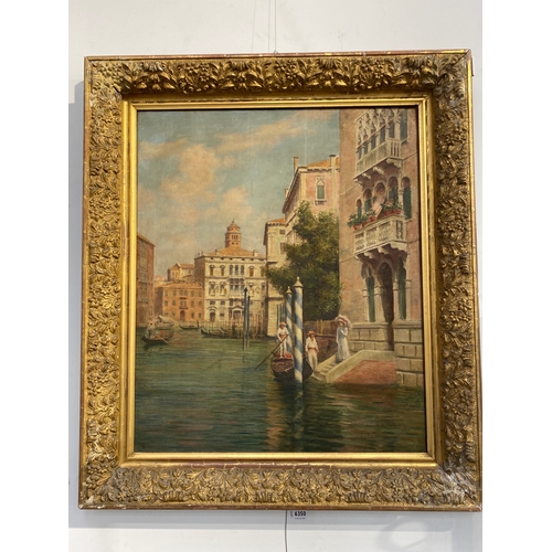 6350 - TREVOR HADDON (1864-1941): An oil on canvas, punting on a Venetian canal, lady with parasol boarding... 