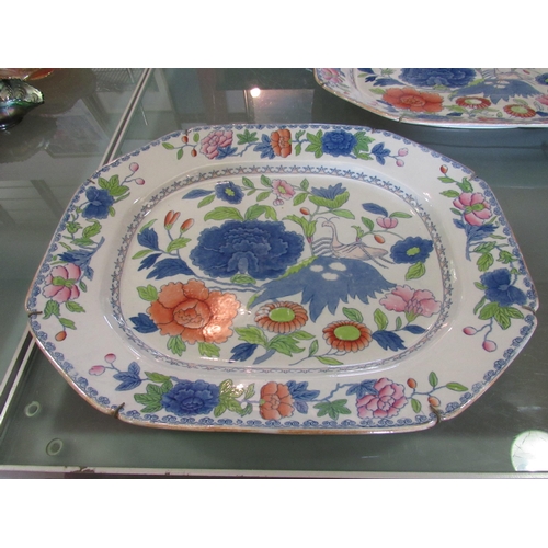 1467 - Two Mason's Ironstone oversized meat platters, white ground with floral and foliate design in green,... 