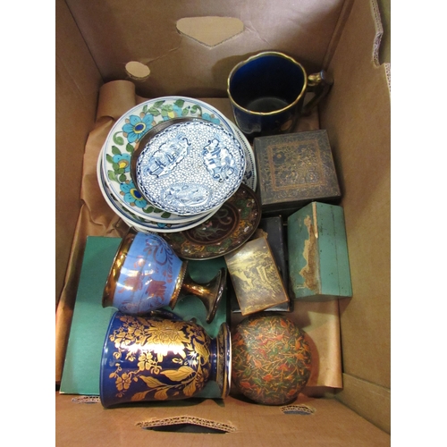 1473 - A quantity of papier mache trinket boxes and ceramics including studio dish, and mother-of-pearl gam... 