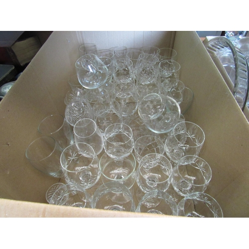 1474 - Two boxes containing a quantity of drinking glasses and decanters including Brierley