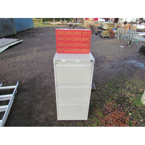 3463 - A Bisley 3 drawer filing cabinet with keys and a multi draw storage box