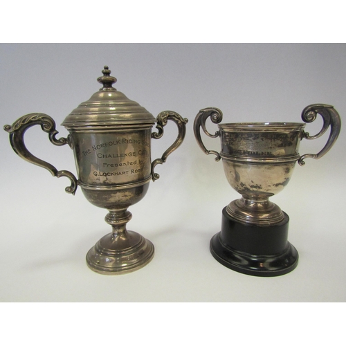 1262 - An equestrian two handled silver trophy and cover presented to G. Lockhart Ross Esq. 21cm tall, and ... 